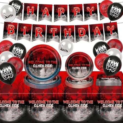 Image of Stranger Birthday Party Decorations Set, Welcome to the Theme, Includes Banner, Plates, Napkins, Tablecloth, Balloons, 60 Pieces