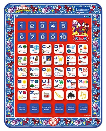 Image of LEXIBOOK, Spidey and His Amazing Friends, Educational Bilingual Learning Tablet, Toy to learn alphabet letters numbers words spelling and music, English/French, Blue/red, JCPAD002SPi1