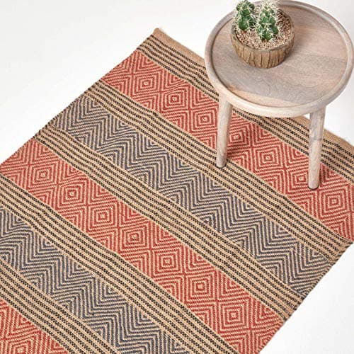 Image of HOMESCAPES Modern Jute Floor Runner Rug Red and Blue Geometric Kilim Design 66 x 200 cm Heavy Duty Suitable for Halls, Living Rooms or Conservatories