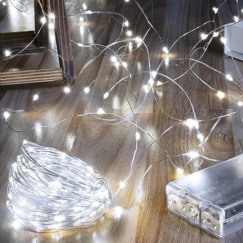 Image of Ollny 5m 50 LED Fairy Lights Battery Operated, Bright Waterproof Copper Wire String Lights for Indoor Outdoor Lighting, Christmas Tree Bedroom Outside Party Bottle Wedding Decorations (Cool White)