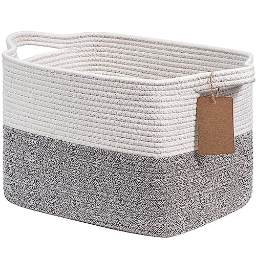Image of Cotton Rope Storage Basket for Organizing 1Pack, Woven Baskets for Storage, Small Laundry Basket for Toys, Towels, Books, Decorative Closet Shelf Baskets for Bathroom, Bedroom, 33x25x22.5cm, Grey