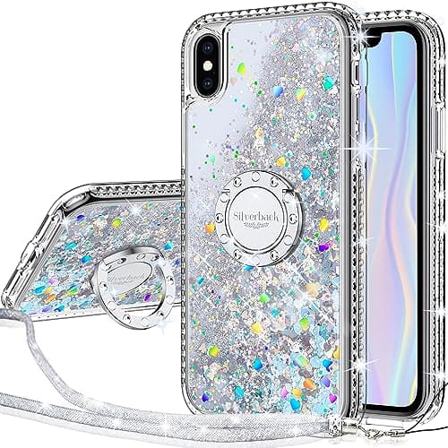 Image of Miss Arts for iPhone X/XS Case, [Silverback] Moving Liquid Holographic Sparkle Glitter Case With Kickstand, Bling Diamond W/Ring Stand Protective Case for Girls Women for iPhone X/XS -Clear Silver