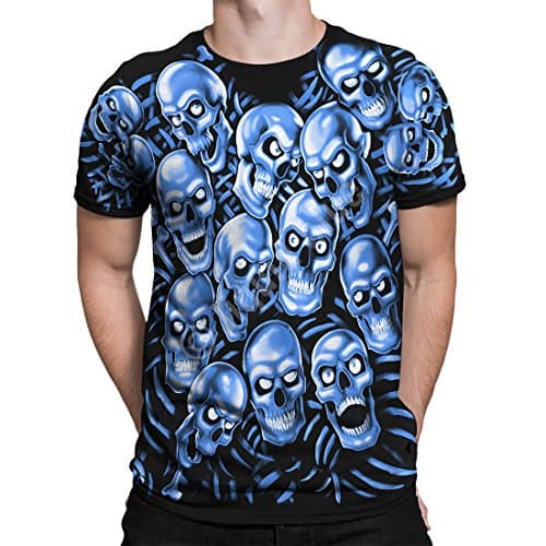 Image of Liquid Blue Unisex's Skull Pile Blue Fantasy All Over Print Short Sleeve T-Shirt, Black, XL