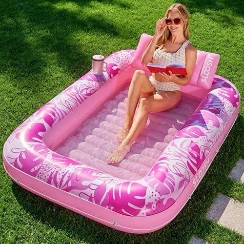 Image of SLOOSH Inflatable Tanning Pool Lounger Float, 70" x 46" Extra Large Pool Floats Adult with Pillow, 4 in 1 Suntan Tub Raft Floatie,Sunbathing Bed Lounge for Water Blow Up Ball Pit Party Gifts, L-Pink