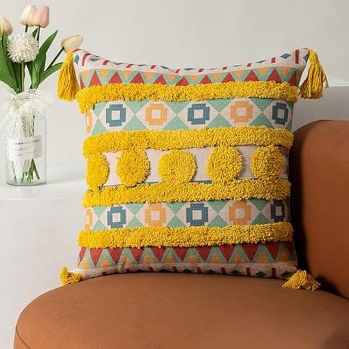 Image of Namzi Boho Tufted Decorative Throw Pillow Cover, Cozy Bohemian Cotton Canvas Cushion Cover Tassels Pillow Case Home Decor 17"X 17",Yellow b