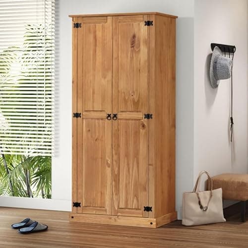 Image of Corona Furniture Budget 2 Door Wardrobe Double Robe Hanging Solid Wood Mexican Pine Wooden Bedroom Storage Small. 175cm High. 80cm Wide. 50cm Deep