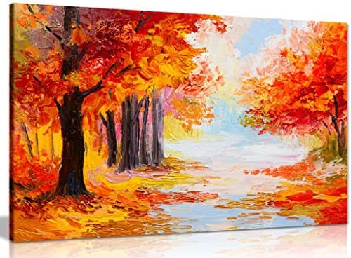 Image of Oil Painting Landscape Colorful Autumn Forest Abstract Canvas Wall Art Picture Print (36x24in)