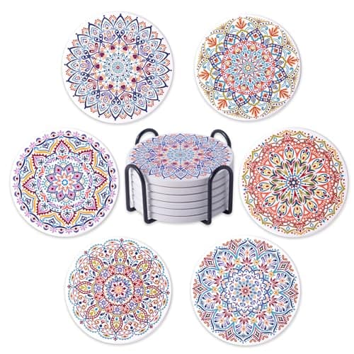 Image of STARUBY Drink Coasters Set of 6 Ceramic Coaster Beautiful Absorbent Coaster Drink Mat with Cork Base Flower4 Patterns Round Coaster Non Slip for Coffee,Beer,Mug,Wine Glass Bottle,Home and Bar