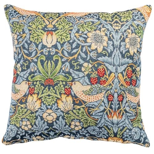 Image of Linen Loft William Morris Strawberry Thief Tapestry Cushion Cover in Blue. Vintage Arts and Crafts Style with Birds, Berries and Leaves. 17x17 Square Cover Only