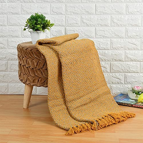 Image of Adore Home Diamond Pattern Fringed Throw 100% Cotton Settee Sofa Woven 220x250cm, Mustard & Light Grey