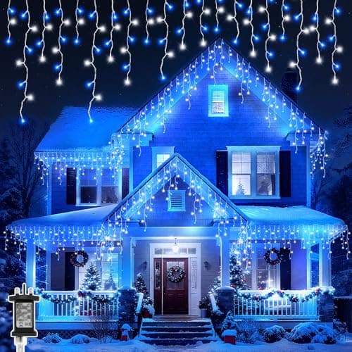 Image of Dalugo Icicle Lights Outdoor, 15M+10M 480 LED Blue White Christmas Lights Plug in with 6 Hours Timer, Memory Function, Waterproof for Balcony, Roof, Window (Clear Cable)