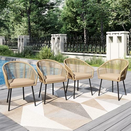 Image of PHI VILLA Garden Chairs Set of 4, Outdoor Dining Chairs Rope Rattan Patio Chairs, Armchair Set with Extra Thick 8cm Cushions and E-coating Metal Frame for Backyard Porch Poolside, Beige