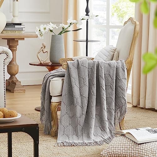 Image of KASYLAN Diamond Knitted Throw Blanket Textured Solid Soft Sofa Throw Couch Knitted Decorative Blanket, 127x152cm Light Grey