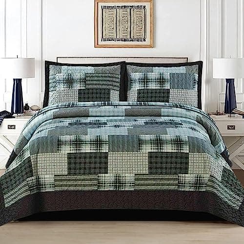 Image of 3 PCS Patchwork Bedspread Quilted Bed Throw Single Double King Size Bedding Set (Denim Grey, Single Bedspread set)
