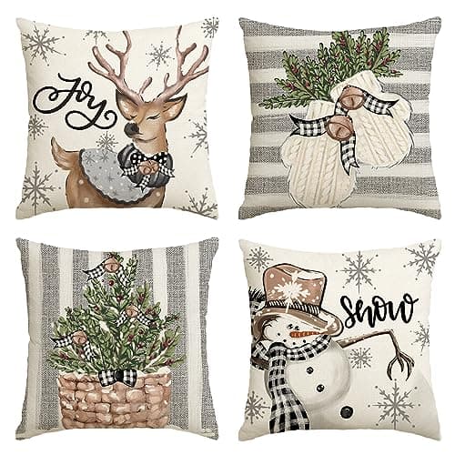 Image of Artoid Mode Snowman Reindeer Gloves Christmas Cushion Covers Set of 4, 45x45 cm Winter Xmas Decorative Pillow Case Cover Sofa Living Room Decor