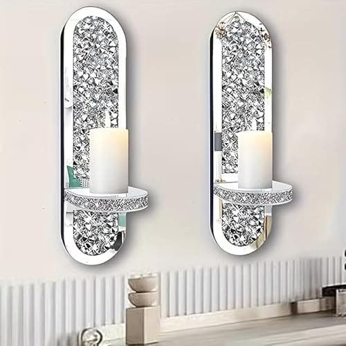 Image of SERENA'S ® Elegant Silver Mirrored Oval Candle Sconce with Scattered Diamond Accents – Wall-Mounted Glittering Decorative Candle Holder for Living Room, Bedroom, or Dining Room Home Decor- set of 2