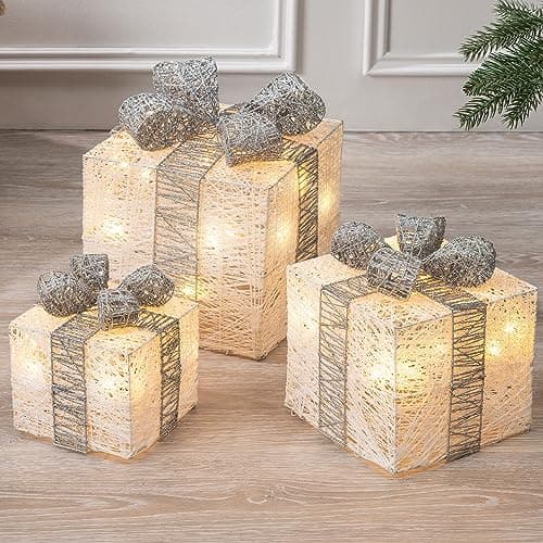 Image of Christow Light Up, White & Silver LED Parcels, Glittery Parcel Lights, Cotton Present Decorations, Battery Operated with Timer, Set of 3