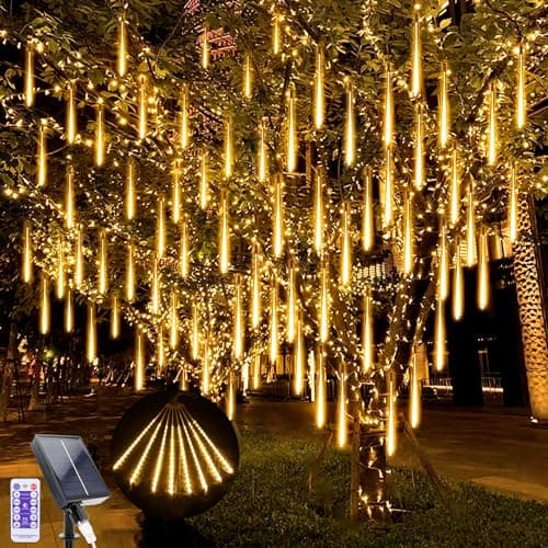 Image of GHONLZIN LED Solar Falling Christmas Lights, 240 LEDs Meteor Shower Rain Lighting, 10 Tubes 30cm Waterproof Christmas Lights for Xmas Tree Wedding Decoration (Warm White)