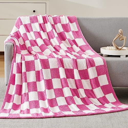 Image of WRENSONGE Checkered Throw Blanket, Hot Pink Microfiber Soft Cozy Fluffy Warm Hand Made Throw Blankets for Couch, Sofa, Chair, Bed, Camping, Picnic, Travel Lightweight Bed Blanket - 50"*70"