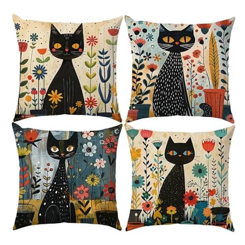 Image of SEVENWELL Black Cat Cushion Covers 45x45cm Cat with Flower Boho Pillow Cover Decor Home Livingroom Couch Bed Sofa Decorate Throw Case 18"x18"