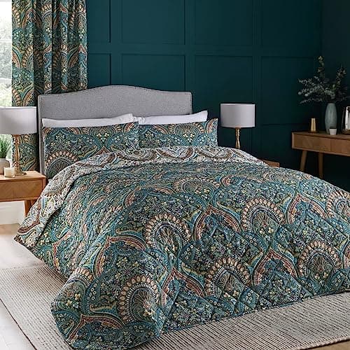 Image of Dreams & Drapes - Teal Jacobean Bedspread (230cm x 200cm) - Soft Touch - Microfibre - Damask Bedspread in Teal - Persian Bohemian Quilted Bedspreads - Exotic Floral Blanket/Bed Cover for Bed