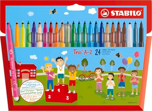 Image of STABILO Trio A-Z - Fibre-Tip Pen with Triangular Grip Zone - Pack of 24 - Assorted Colours including 4 Neon Colours