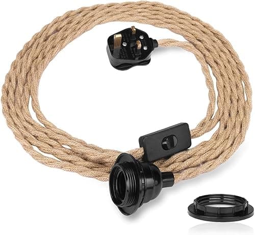 Image of Teynewer 3.5m Rustic Hemp Rope Pendant Light Fitting- E27 Lamp Holder Ceiling Hanging with On/Off Switch & UK Plug, Adjustable Suspension Cord Kit