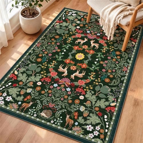 Image of FVVRAX Rugs for Bedroom 80×150 cm, Dark Green Washable Boho Rugs Living Room, Non-Slip Rug for Lounge Room, Soft Low Pile Animals Floral Print Design Vintage Carpet Easy Care