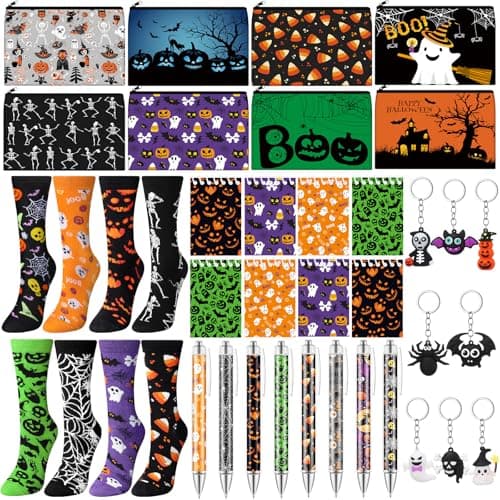 Image of Dansydaisy 32 Pcs Halloween Gifts Set Halloween Makeup Bags Bulk Skeleton Socks Holiday to Do List Notepad Spider Ballpoint Pens Ghost Keychain Witch Party Gifts