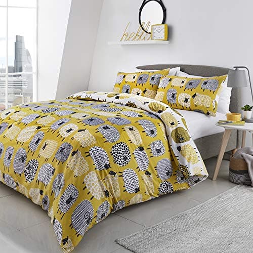 Image of Fusion Dotty Sheep Print Reversible Duvet Cover Set, Ochre, Super King