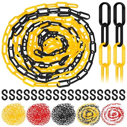 Image of Glarks 21pcs 5M x 6mm Plastic Chain Barrier with S Hooks, Yellow-black Plastic Chain Links, Safety Barrier Chain, Weatherproof Plastic Safety Chain for Crowd Control, Queue Line, Parking