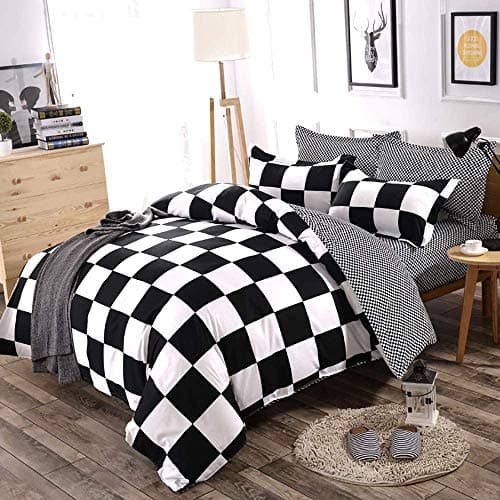 Image of Lanqinglv Single Duvet Cover Set Black and White Checkered Plaid Patterned Reversible Bedding set Quilt Cover 135x200cm with Zipper and 1 Pillowcase 50x75cm
