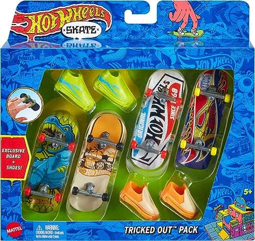 Image of Hot Wheels Skate Tony Hawk Fingerboard & Removable Skate Shoes Multipack, 4 Fully Assembled Boards, 2 Pairs of Skate Shoes, 1 Exclusive Set (Styles May Vary), HNG72