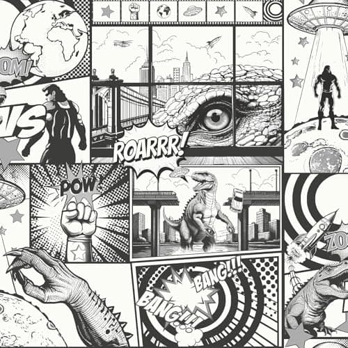 Image of Holden Storybook City Hero Comic Strip Wallpaper Black/White for Playroom, Kids Bedrooms, Teenager Room Wallcovering 14075