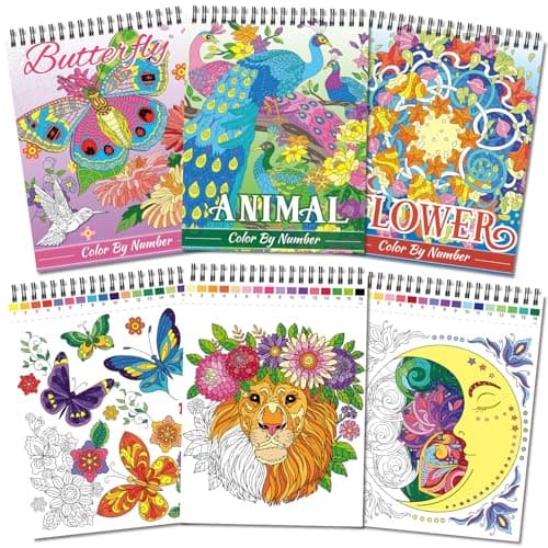 Image of Kalysky 3 Pack Colour by Number Colouring Books for Adults, 60 Designs Adults Colouring Books Include Themes of Butterfly Flowers Animals, A4 Perforted Paper