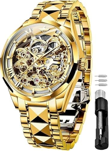 Image of OLEVS Men Skeleton Watch Automatic Mechanical Self Winding Sapphire Crystal Luxury Dress Tungsten Steel Gold Face Waterproof Two Tone Strap