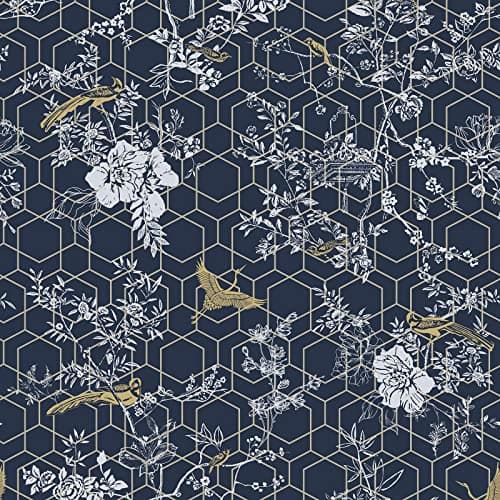 Image of Muriva Lipsy Himara Wallpaper-Modern Floral Wallpaper Living Room，Bedroom，Fireplace-Decorative Nature Luxury Wall Paper w/ Flowers，Birds & Metallic Gold Geometric Print (Navy Blue)，Blue,gold