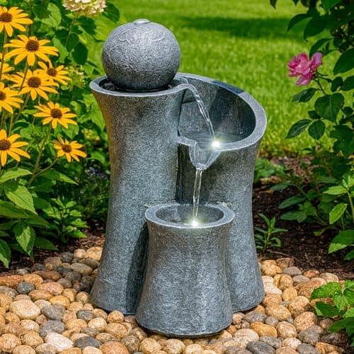 Image of GEEZY Garden Water Feature – Ball Fountain with LED Lights & Sphere – Mains Powered, Self-Contained, Indoor & Outdoor – Easy Setup, Relaxing & Cascading – Perfect for Garden, Patio & Balcony Decor