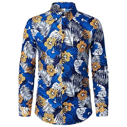 Image of NQyIOS Men Casual Print Shirt Long Sleeve Turndown Collar Blouse Shirt Y Shirt (Blue-a, L)