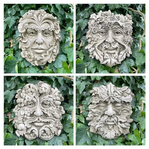 Image of Set 4x Four Seasons Green Man Stone Hanging Plaque | Ivy Outdoor Garden Ornament