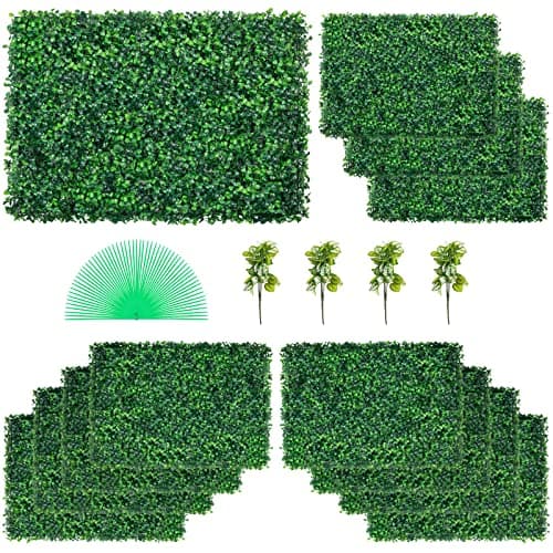 Image of VEVOR Artificial Boxwood Panel UV, Boxwood Hedge Wall Panels, Artificial Grass Backdrop Wall 4 cm Green Grass Wall, Fake Hedge for Decor Privacy Fence Indoor, Outdoor (24" x 16", 12)