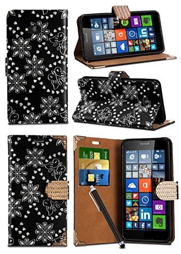 Image of Unbranded Compatible with HTC Desire 320 - Sparkle Glitter Crystal Diamond Encrusted Closure Tab Wallet Flip Case Cover with Integrated Stand with Capacitive STYLUS in BLACK