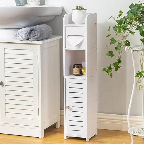 Image of YUET Slim Bathroom Floor Cabinet with Toilet Paper Holder, Freestanding Bathroom Storage Unit with Door and Shelves, Narrow Bathroom Cupboards, White, Four Tiers(TSC10)