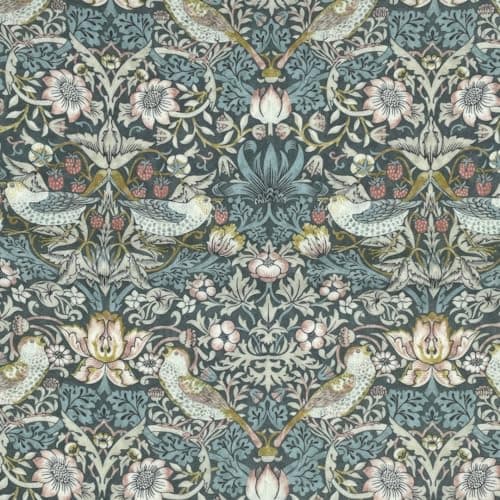Image of Oilcloth PVC Table Cloth - William Morris Oilcloth, Strawberry Thief & Willow Bough Matte Finish Wipe Clean Table Cloth (Strawberry Thief in Grey, 132cm Diameter Round)