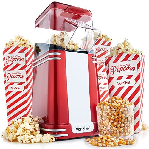 Image of VonShef Popcorn Machine Retro – 1200W Air Popcorn Maker with Hot Air Circulation, One Touch Operation Movie Night Accessories, Healthy & Oil Free Snack Maker with 6 Boxes – Red