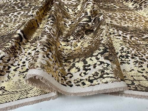 Image of Metallic Snake Skin Print Python Leopard Animal Fabric Linen Look Cotton Blend Curtain Decor Dress - 140cm Wide - Gold (2 Metres)