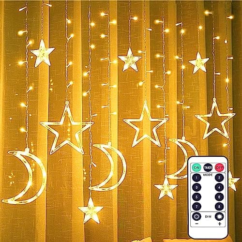 Image of Melofo Led Curtain String Star Moon Light, 3.5m Star Curtain Lights Battery Operated, LED Window Lights with 8 Flashing Modes for Christmas, Halloween, Wedding, Party, Home, Terrace(Warm White)