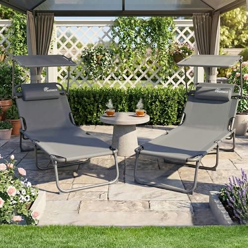 Image of SUNMER Padded Extra Wide Sun Loungers with Adjustable Backrest and Shade Roof Canopy - Set of 2 Deluxe Garden Day Bed - 5 Position Reclining Folding Outdoor Sunbeds for Pool, Patio, Beach and Garden
