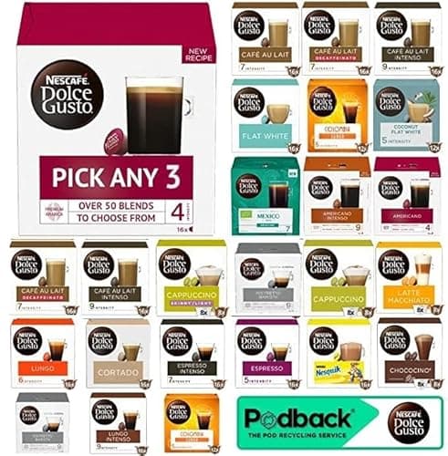 Image of Nescafe Dolce Gusto Coffee, Tea, Chocolate Pods. Pick Any 3 Packs from 40+ Blends Inc: Decaf, Caramel, Cappuccino, Latte, Mocha, Espresso, Skinny, Nesquik, Cafe Au Lait, Vanilla and More