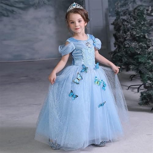 Image of Discoball World Book Day Costumes for Girls Cinderella Princess Dress Costume with Butterfly Blue Dance Gown for Kids Fancy Tulle Dress for Wedding Prom Birthday Carnival Party